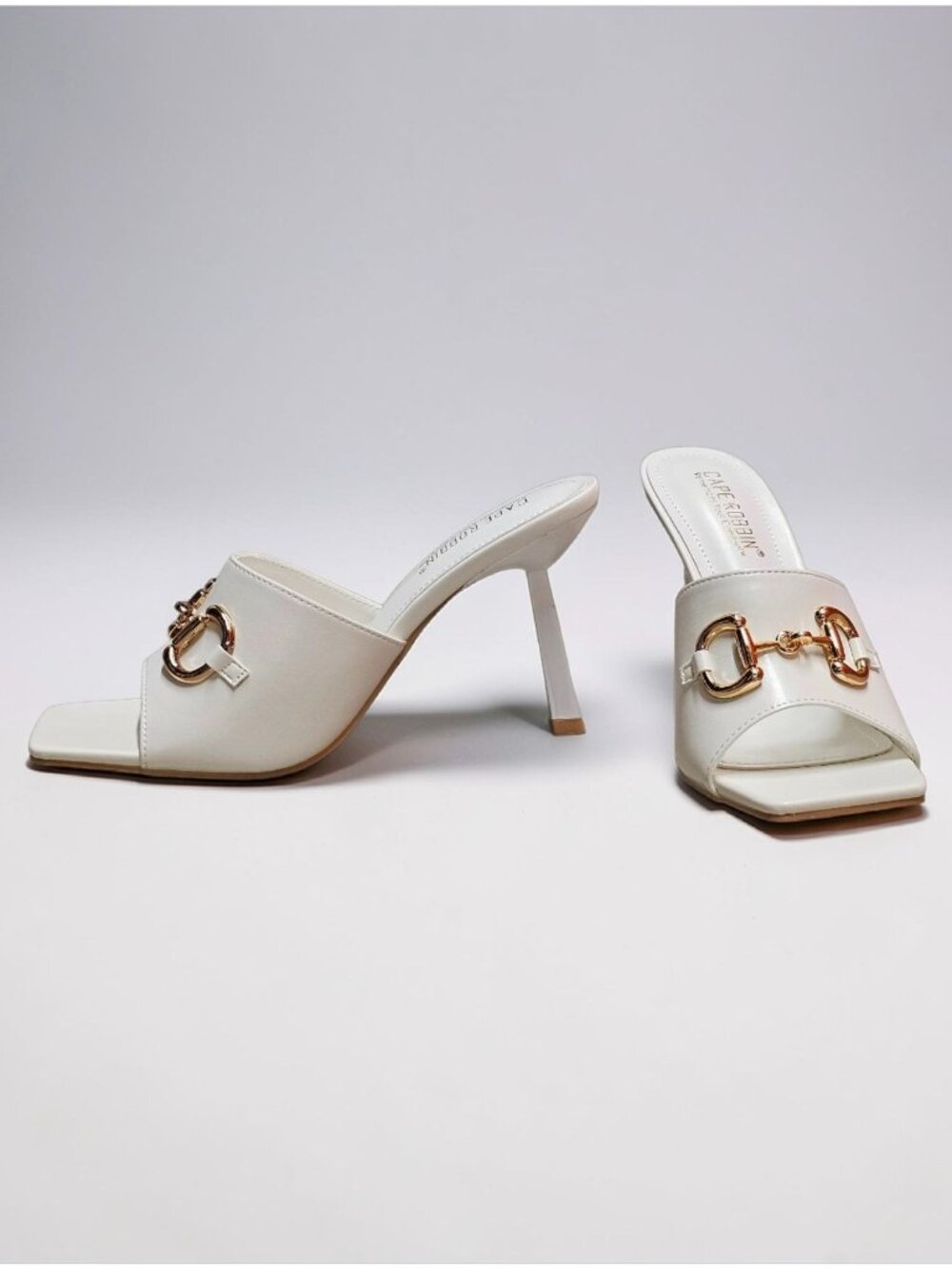 Square Toe White Heeled Mules With Gold Chain Detail - Elegant Slip-On Design Fo